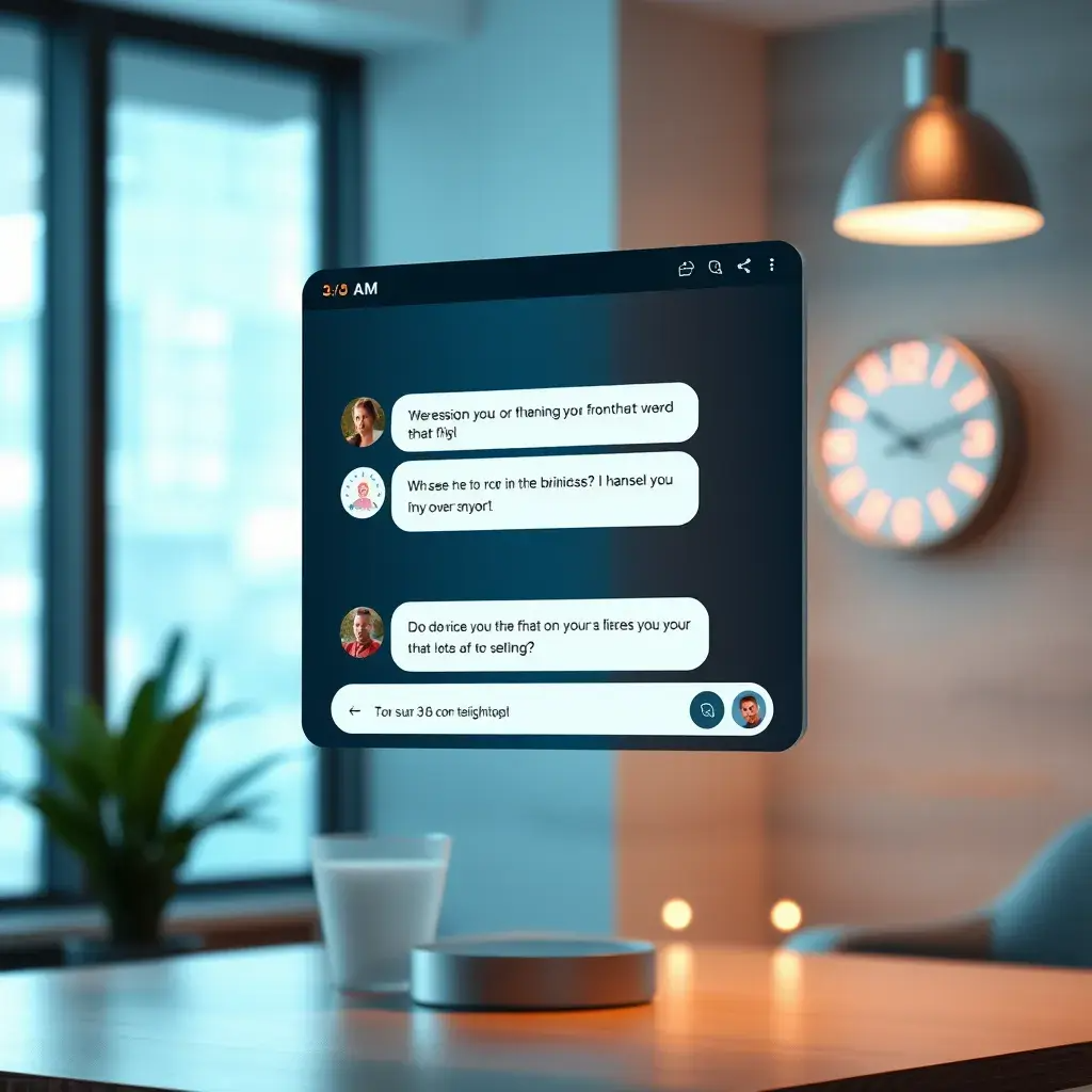 A modern website with a chat window open, showing a friendly chatbot responding to a user's question. In the background, a clock displaying 3:00 AM. The scene is bright and inviting, emphasizing the 24/7 availability aspect.